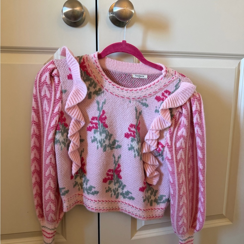Pink Floral Ruffle Sweater